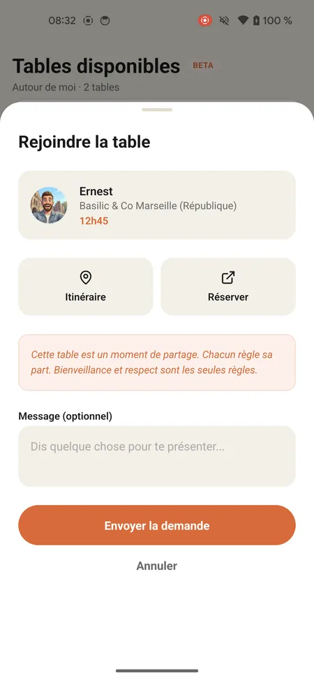 Taàpa - Table à partager : demander à rejoindre une table