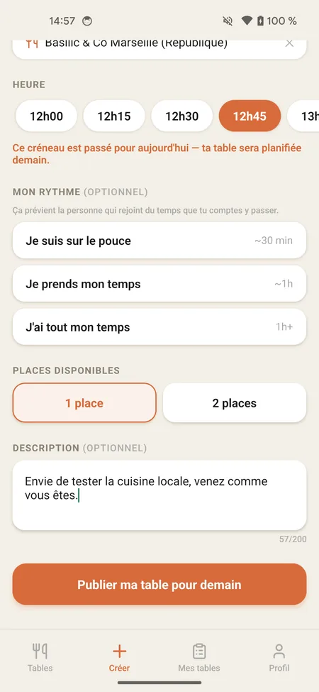 Taàpa - Table à partager : créer une table avec son horaire, son rythme et ses places