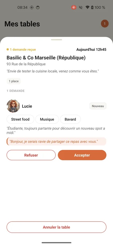 Taàpa - Table à partager : accepter ou refuser une demande