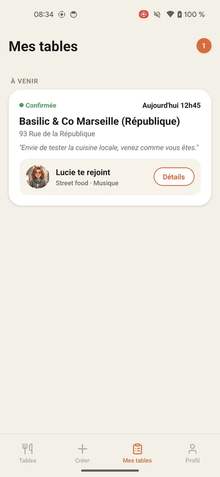 Taàpa - Table à partager : table confirmée, un convive vous rejoint